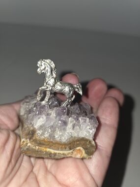 Vintage Pewter Horse on Natural Point Amethyst Crystal Geode Beautiful